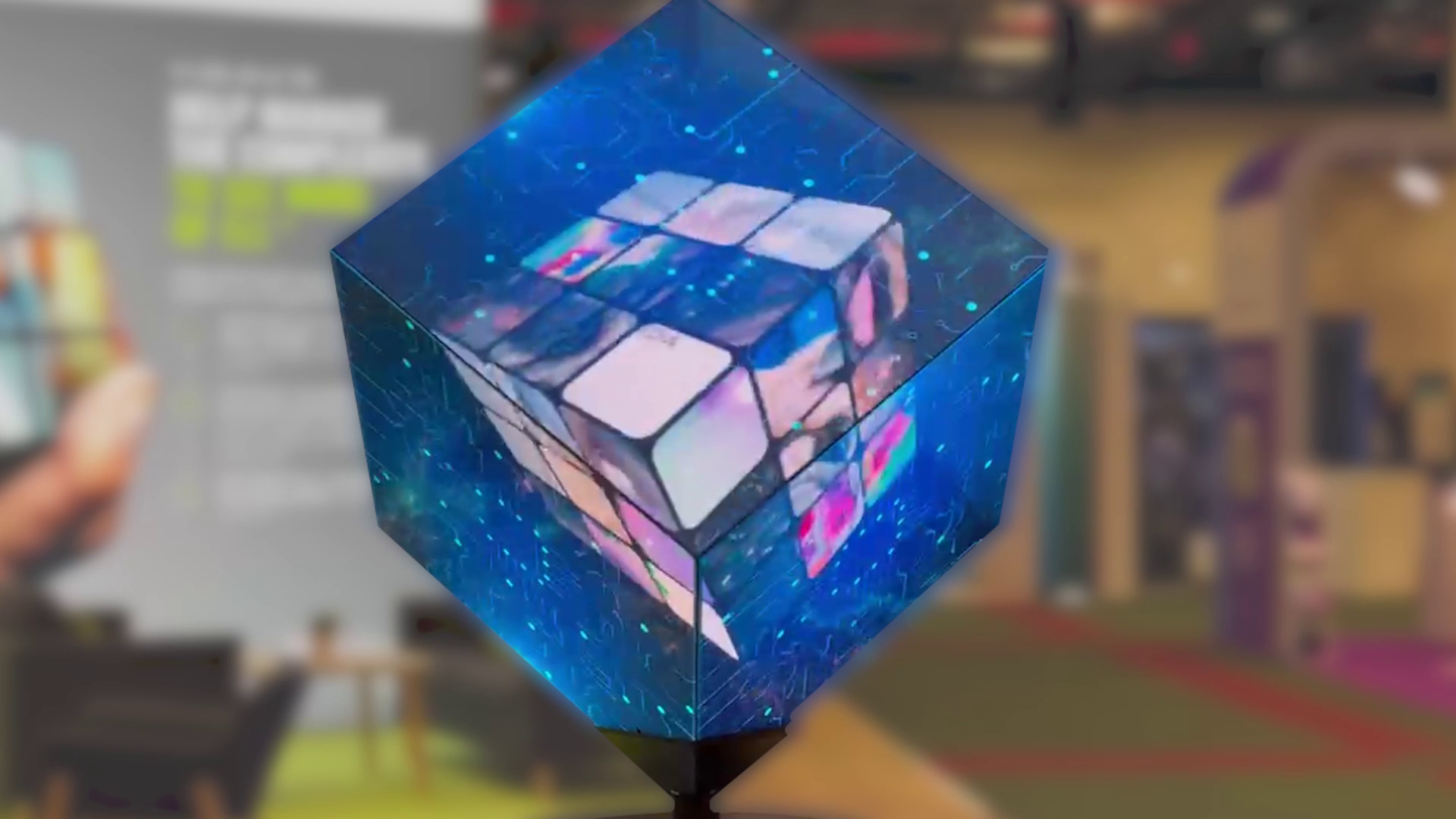 An LED cube with a Rubik's cube inside.